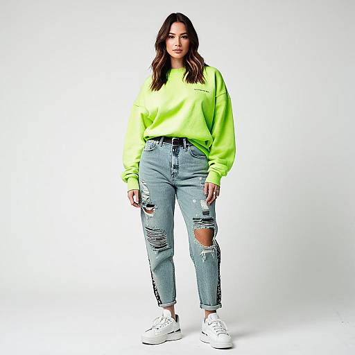 Fashionable Woman in Neon Green Sweatshirt and Distressed Jeans
