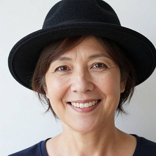 Photograph of a smiling Asian woman with short dark hair, wearing a black hat and dark shirt, against a plain white background.
