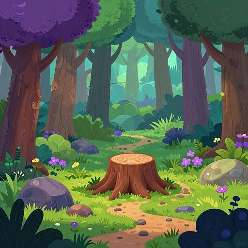 Vibrant digital illustration of a lush forest with towering trees, colorful flowers, a tree stump path, and glowing sunlight filtering through foliage.