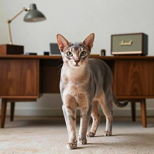 Sleek Abyssinian in Mid-Century Office