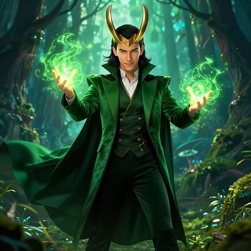 Digital artwork of a muscular man with black hair, horned golden headpiece, green coat, and double-breasted black vest, conjuring green fire
