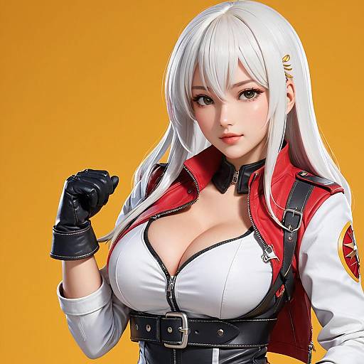 Digital artwork of a white-haired anime woman with large breasts, wearing a red and white military-style jacket, black gloves, and a belt, against a