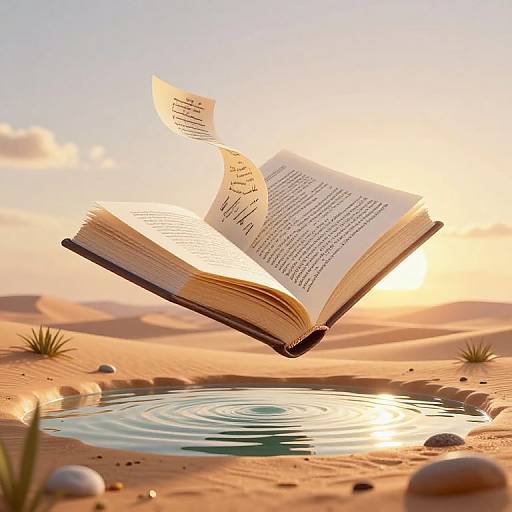 Photograph of an open, floating book with pages fluttering above a serene desert oasis, reflecting sunset light on rippling water.