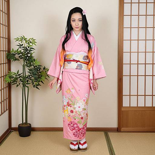 Photograph of an Asian woman in a pink floral kimono, black hair, standing in a traditional Japanese room with shoji screens and a potted