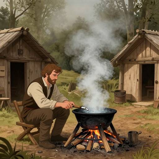 Digital illustration of a bearded man with brown hair, wearing a white shirt and black vest, sitting by a campfire, smoking, with two wooden