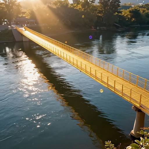 Sunlit yellow pedestrian bridge spans calm river, reflecting golden sunlight and surrounded by lush trees in the background. Photograph.