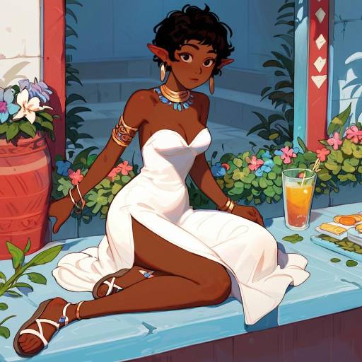 Elegant Dark-Skinned Elf in a Bar
