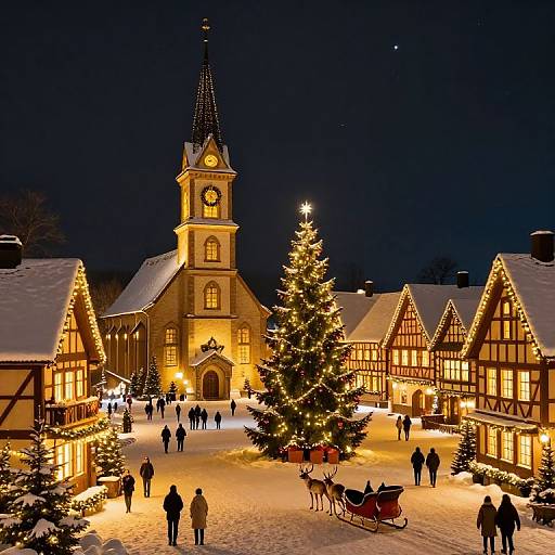 Photograph of a snowy, illuminated Christmas market at night, featuring a lit church with a clock tower, decorated houses, a star-topped Christmas tree