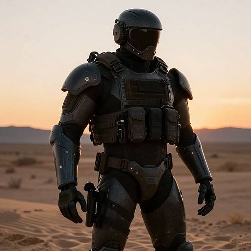 Armored Tactical Combat Suit at Sunset