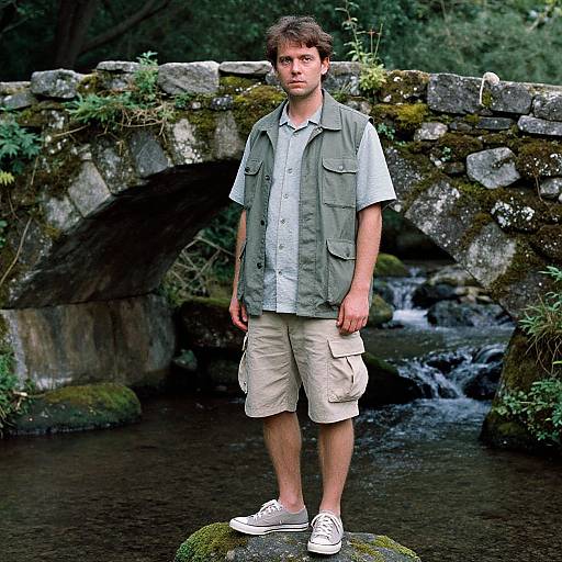 Photograph of a young man with short brown hair, wearing a green vest, white shirt, beige shorts, and white sneakers, standing on a moss