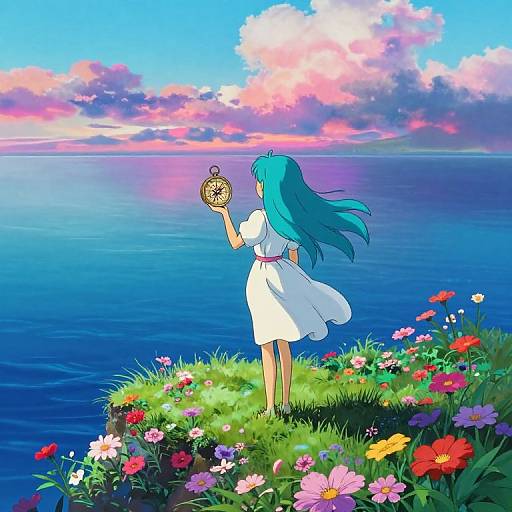 Anime-style drawing of a blue-haired girl in a white dress, holding a clock, standing on a grassy cliff with colorful flowers, overlooking a vibrant