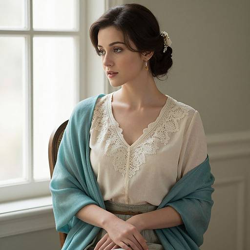 Photograph of a fair-skinned woman with dark brown hair in an elegant updo, wearing a lace-trimmed white blouse and blue shawl