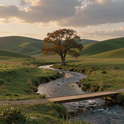 Serene Twilight Landscape with Maple Tree
