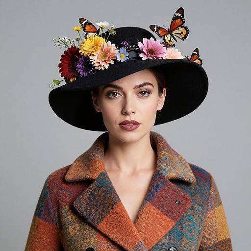 Woman in Floral Hat and Colorful Coat