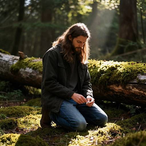 Man Kneeling in Mossy Forest