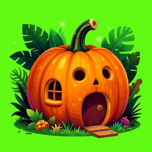 Colorful digital illustration of a cartoon pumpkin house with a round window, arched door, and lush green foliage against a bright green background.
