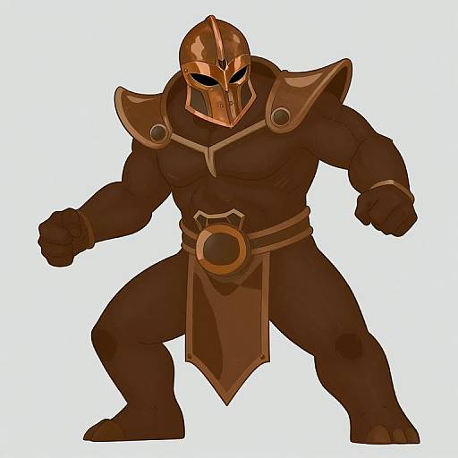 Digital illustration of a muscular, dark-skinned warrior with a bronze helmet, shoulder armor, and brown loincloth, standing in a fighting stance.