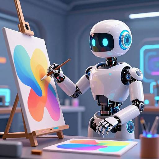 CGI image of a white, glowing-eyed humanoid robot painting on a colorful abstract canvas with a wooden easel in a futuristic studio.