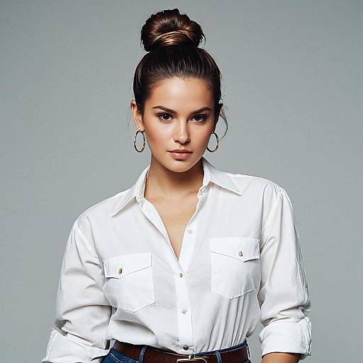 Fashionable Woman in White Shirt with Hair Bun