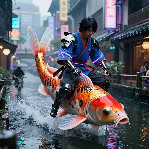 Neon Cyberpunk Samurai on Cyber Koi