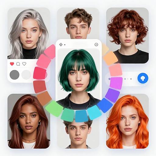 Digital collage of six headshots with diverse hair colors: silver, brown, red, green, dark brown, and orange. Color palette overlay.