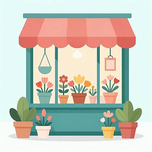 Digital illustration of a flower shop window with red awning, displaying potted tulips, orange flowers, and hanging plant, flanked by potted