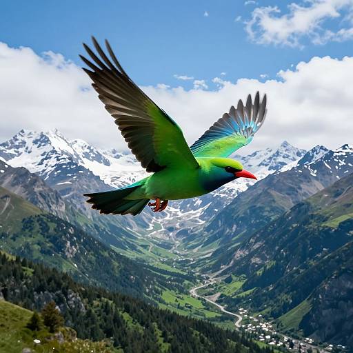 Vibrant green and blue bird with red beak soars over snowy mountain range and lush valley under bright blue sky. Digital artwork.