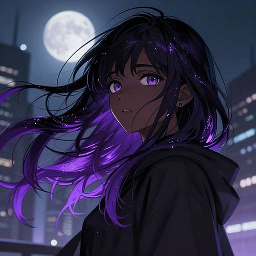 Digital anime-style drawing of a dark-haired girl with glowing purple eyes and hair, wearing a hoodie, under a full moon in a cityscape. Her