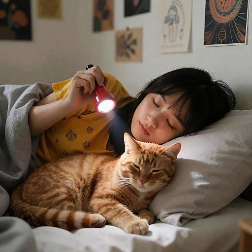 Young Woman Relaxing with Ginger Cat on Bed