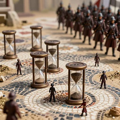Miniature diorama: soldiers in dark coats surround hourglasses on a mosaic-tiled courtyard, with blurred background soldiers and sunlight.