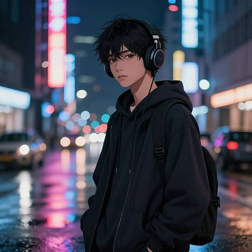 Anime Boy with Headphones at Night