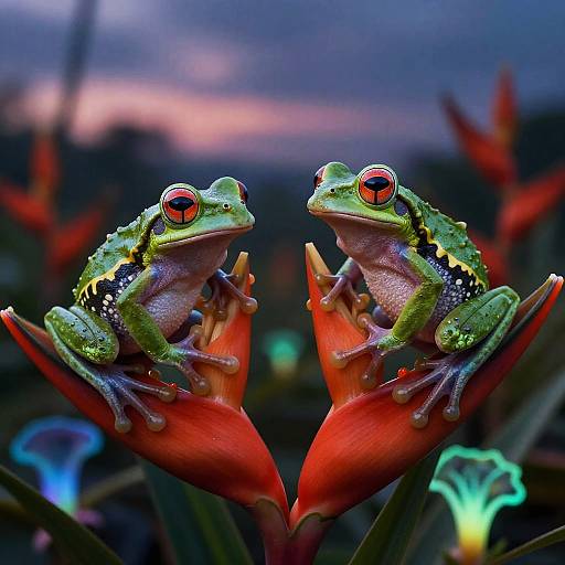 Photograph of two vibrant red-eyed tree frogs perched on red flower petals, facing each other, with a blurred twilight sky background.