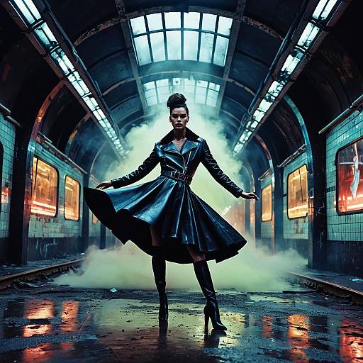 Fierce Model in Leather Outfit in Abandoned Subway