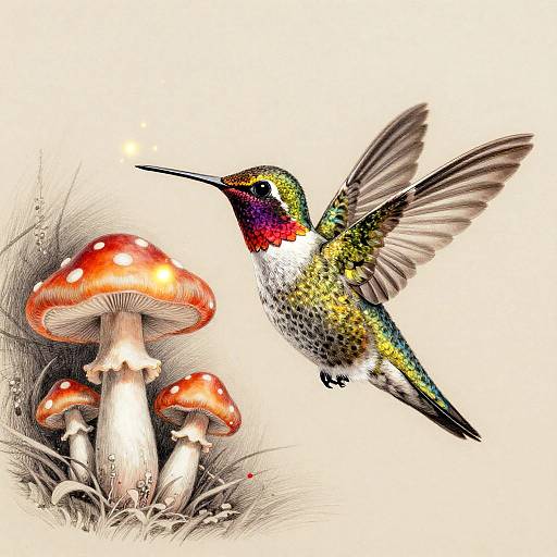 Surreal Hummingbird and Glowing Mushrooms Pencil Drawing