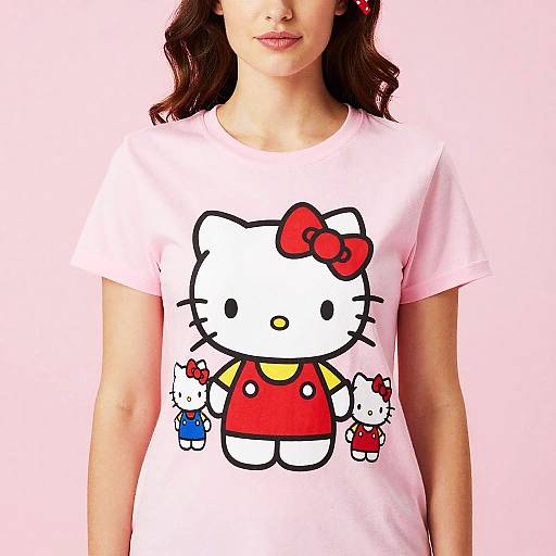Photograph of a woman with wavy brown hair, wearing a pink Hello Kitty t-shirt featuring a large Hello Kitty design with two smaller Kittys,