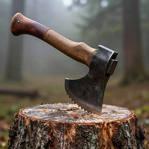 Serrated Axe in Foggy Forest Stump