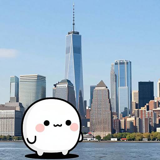 Cute white, round cartoon character with blushing cheeks and smiling face in front of New York City skyline, including One World Trade Center. Digital art