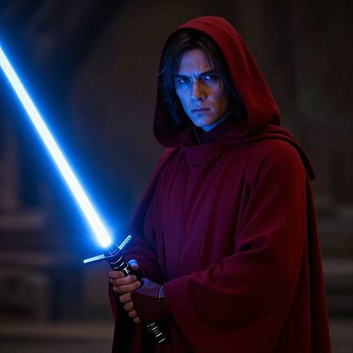 Photograph of a serious-looking man in a red hooded robe holding a glowing blue lightsaber, dark background, intense gaze.