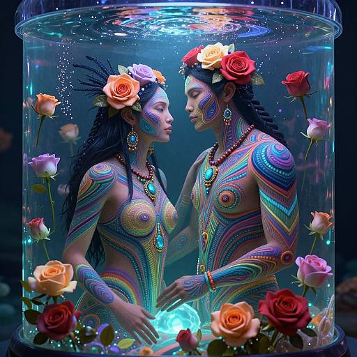 Photograph of two topless women with colorful tribal tattoos, adorned with flowers, inside a glass tank with glowing roses, gazing at each other.