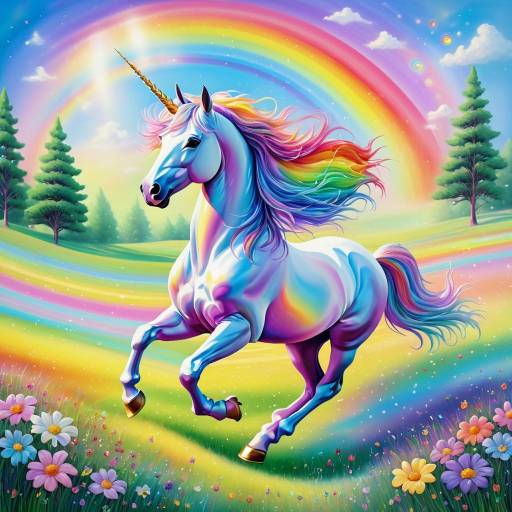 Whimsical Unicorn in Rainbow Meadow