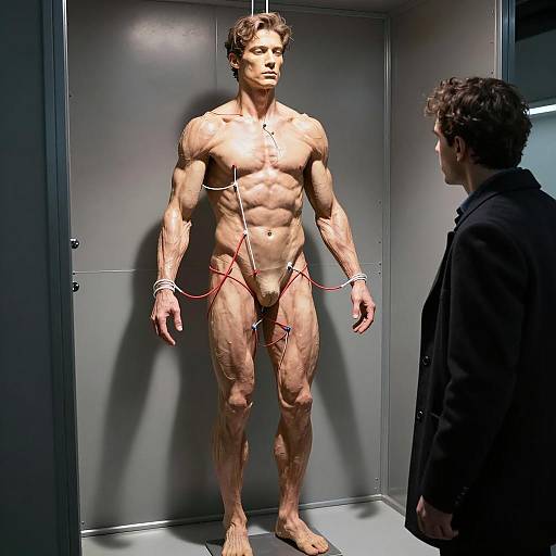 Suspended Male Form in a Metallic Chamber