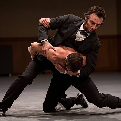 Photograph of a shirtless, muscular man being lifted by a bearded, suited dancer in a dramatic, intense tango pose on a dark stage