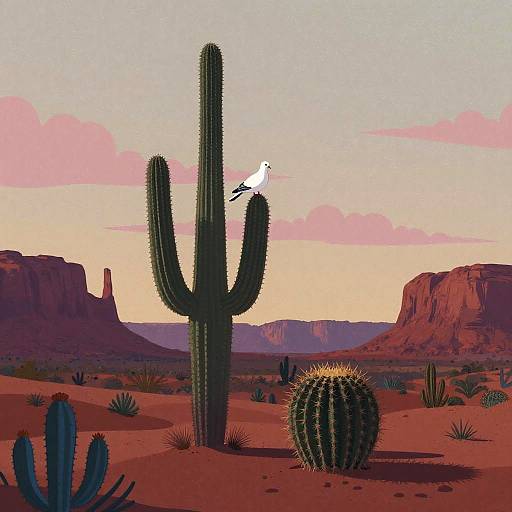 Digital illustration of a desert landscape at sunset with a tall cactus, small bird perched on it, and a round cactus in foreground, under
