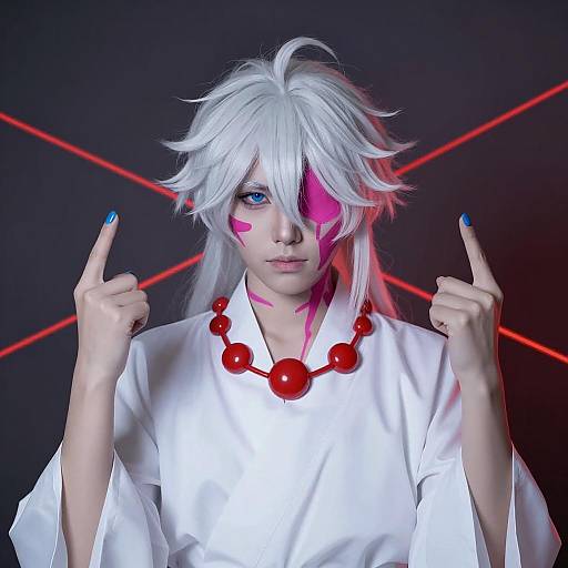 Cosplayer with White Hair and Pink Face Paint