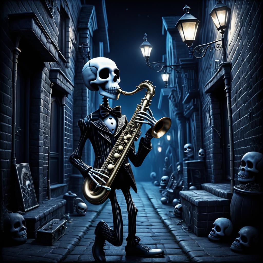 Skeleton Saxophonist in Dark Alley Art