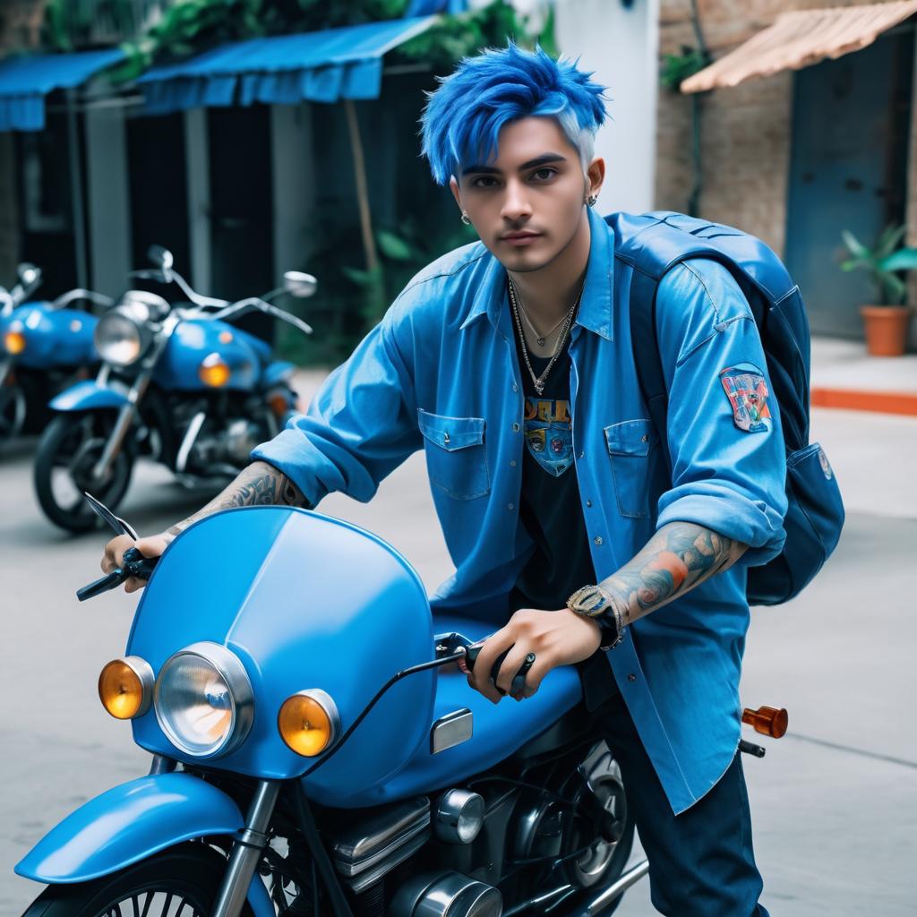 Blue-haired Pizza Delivery Boy on Motorcycle