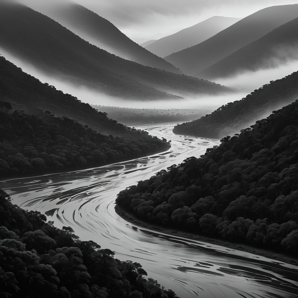 Misty Riverbend in Monochrome Morning