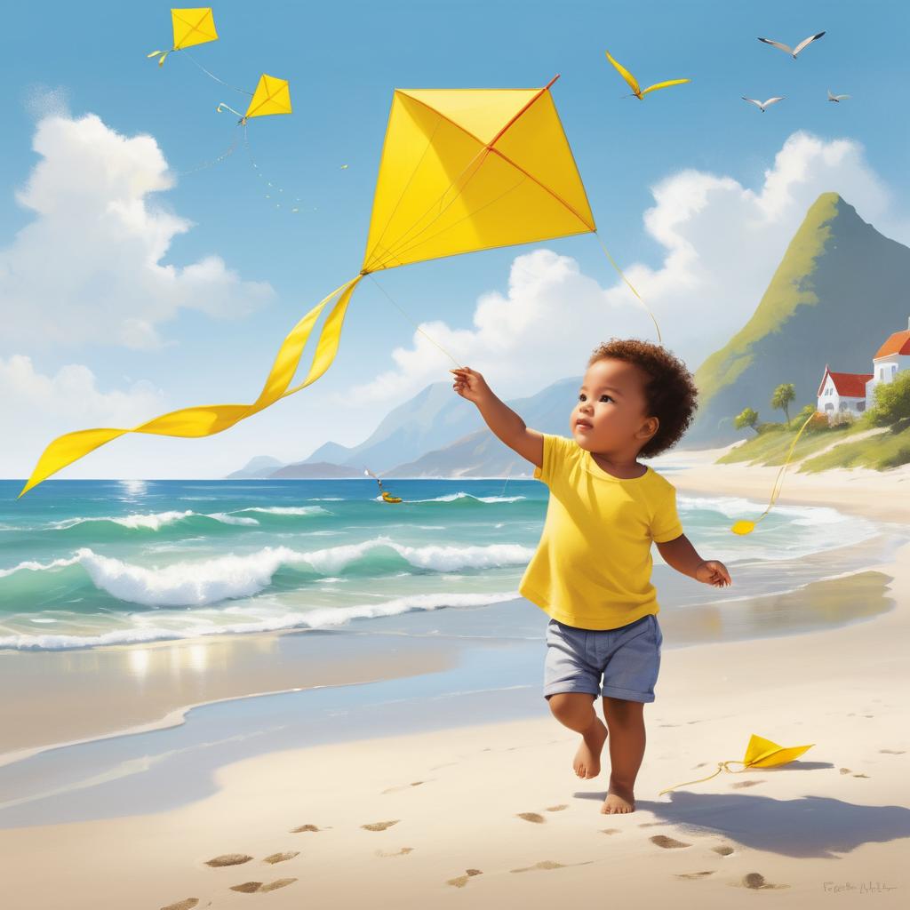 Charming Toddler with Yellow Kite at Beach