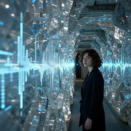 Photograph of a curly-haired woman in a black coat standing in a futuristic, illuminated tunnel with blue neon lights and reflective, wavy glass panels.