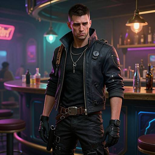 Photorealistic digital art of a serious, muscular man in a black leather jacket and gloves, standing in a neon-lit bar.